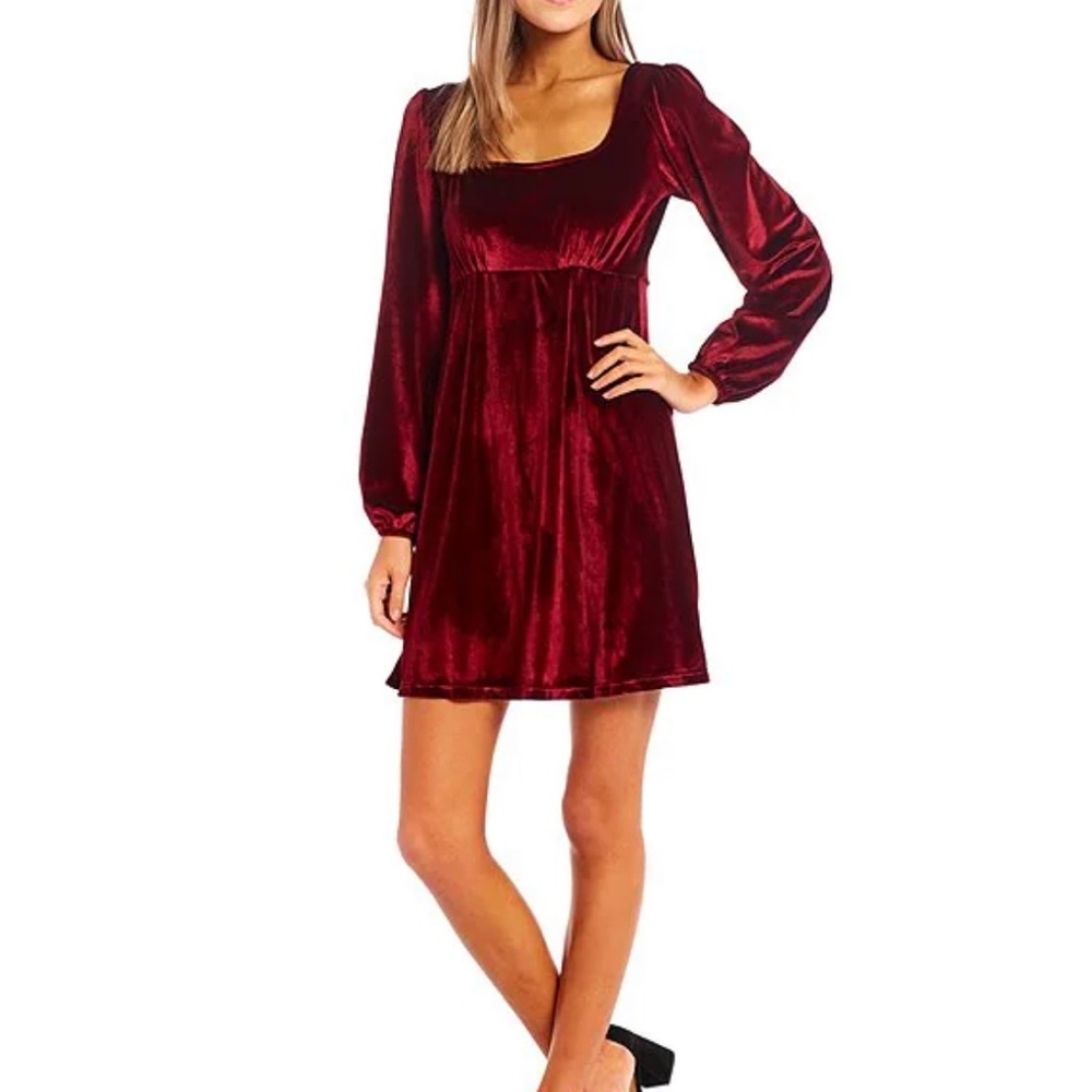 Allison & Kelly- Long Sleeve Square Neck Velvet Baby Doll Dress Medium